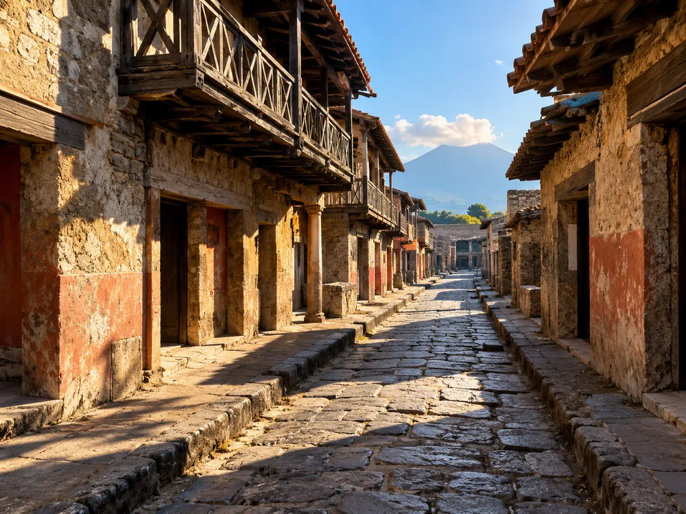 A stone-paved cardo in Herculaneum, houses keeping their upper storeys